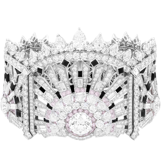 'Lumière' cuff from the 'Musicians de Breme' collection in colourless and fancy pink diamonds, onyx and spinels