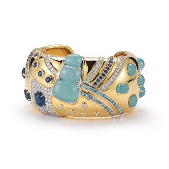 'Jazz' cuff in aquamarine, sapphire, and diamond set in 18K yellow gold
