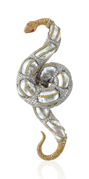 'Snake' brooch from the 'Animal' collection with baroque pearls, colourless diamonds, fancy yellow diamonds and rubies in 18k white, rose and yellow gold