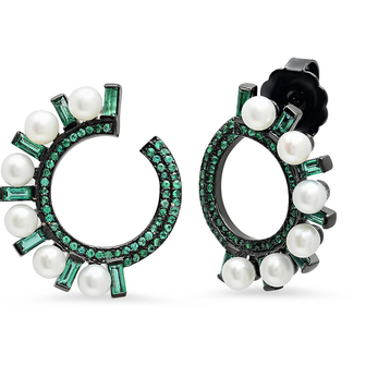 'Swirl Huggies' earrings with 1.46ct emeralds and diamonds in black gold
