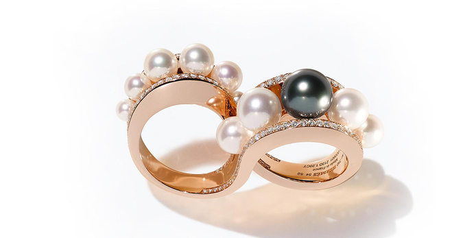 'Ombre et lumie' double ring with Tahitian and Akoya pearls and diamonds in 18k rose gold