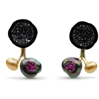 'Three pearl' earrings with Tahitian Pearl Geode and black diamonds studs, with 2 pearl jacket set with Tahitian keshi pearl, rubies and Golden South Sea keshi pearls in 14K yellow gold