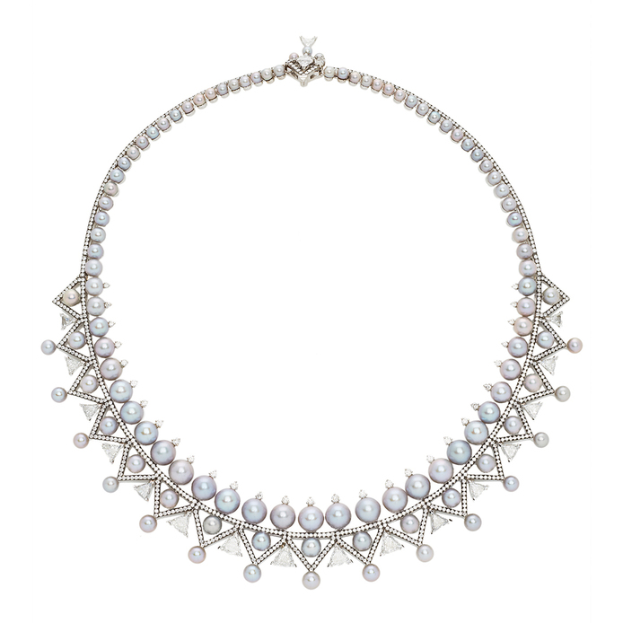 'Lingerie' necklace with white and silver pearls and diamond in 18k white gold