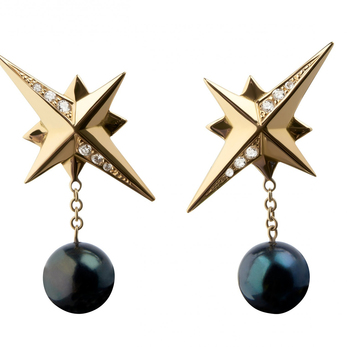 'Northbound' earrings with peacock pearls and diamonds in 18k yellow gold