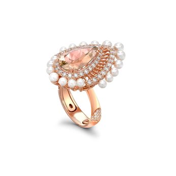 Кольцо 'Lily Blush' из 18k розового золота с морганитом 4.53ct, бриллиантами и жемчугом