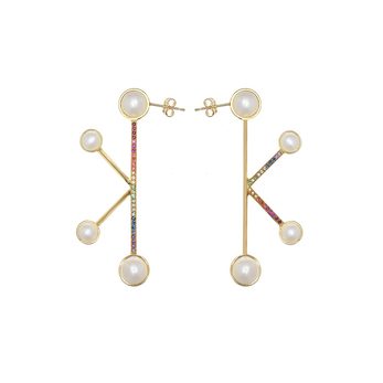 'Gemini' earrings with freshwater pearls, amethyst, aquamarine, tanzanite, ruby, and fancy sapphire in 18k yellow gold