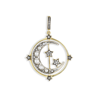 'Mythology Spinning Moon' charm with freshwater pearl and diamond in 18k yellow and white gold