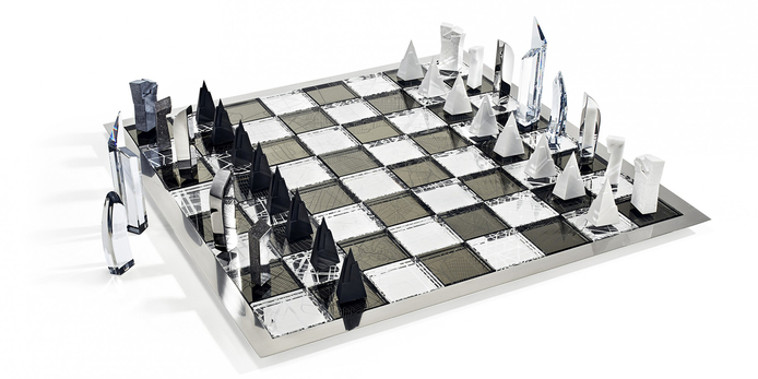 'Architecture & the city' chess set with crystal, stainless steel, concrete, aluminium, marble, eco brass and rhodium plating,  designed by Daniel Libeskind for Atelier Swarovski