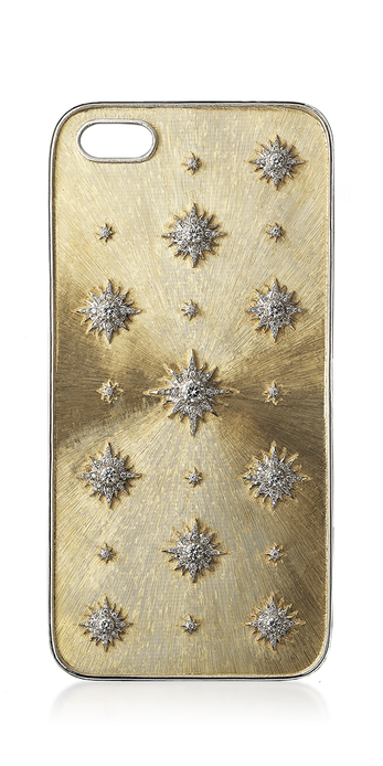 Phone case with diamonds in rigato engraved 18k yellow gold and 18k white gold