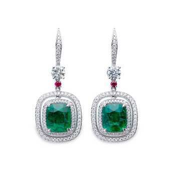 Earrings with Colombian 2.35ct and 2.14ct emeralds, accent diamonds and rubies with 18k white gold
