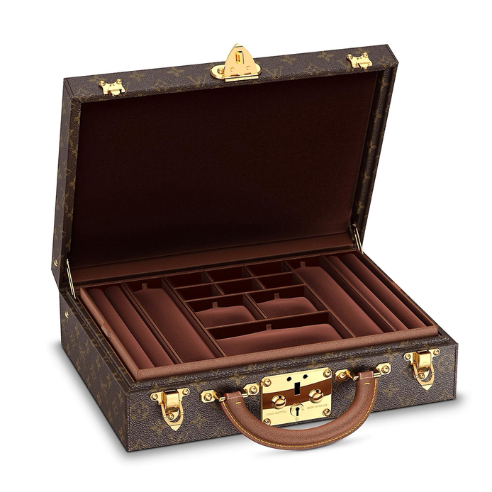 Travel jewellery case in monogram print leather with brass hardware