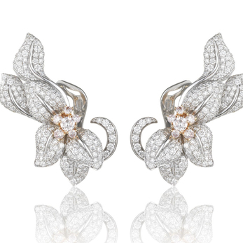 'Fleur de Lis' blush earrings with diamonds in 18k white and yellow gold