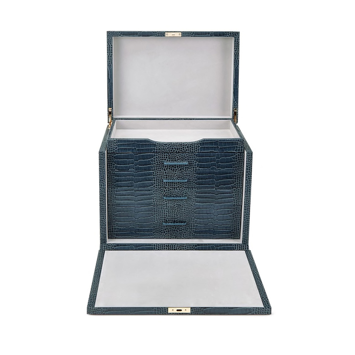'Mara' deluxe jewellery box in navy printed calf leather