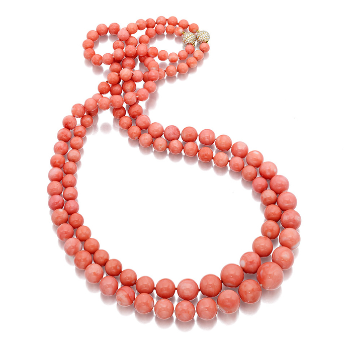 Necklace with Angel Skin coral and diamonds