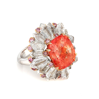 Ring with 12.30 carat Ceylon Padparadascha sapphire with diamonds and pink sapphires