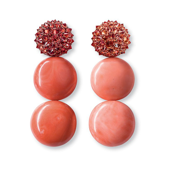 Earrings with coral and reverse set sapphires in copper courtesy of Hemmerle 