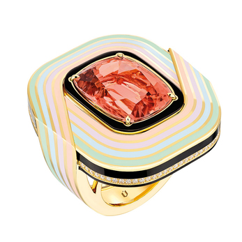 Кольцо 'El Hada' из желтого золота с розовым турмалином, ониксом, бриллиантами и эмалью