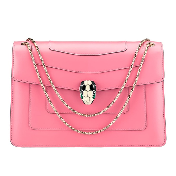 'Serpenti Forever' shoulder bag with gold plated enamel clasp in pink calf leather
