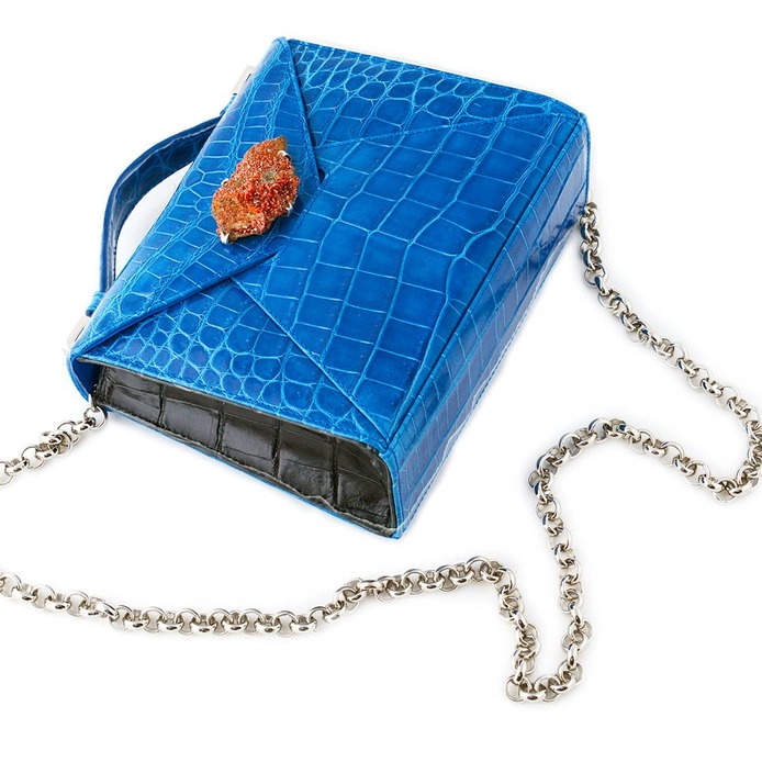 'Zain' bag with amber stone and gold plated silver frame in blue crocodile leather