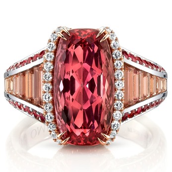 Ring with 6.68ct cushion cut Imperial topaz, accenting topaz, red spinels and diamonds in platinum and 18K rose gold