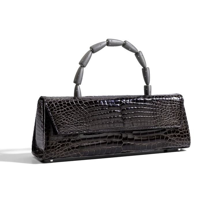 'Calla' bag with diamond and titanium handle in grey crocodile leather 