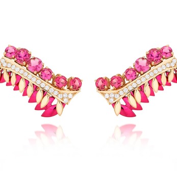 'Branch' earrings with pink tourmaline, diamonds and enamel in 18k yellow gold