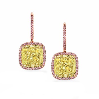 Drop earrings by Julius Klein Group with 12.96ct cushion cut fancy yellow and accenting pink diamonds in 18k rose gold