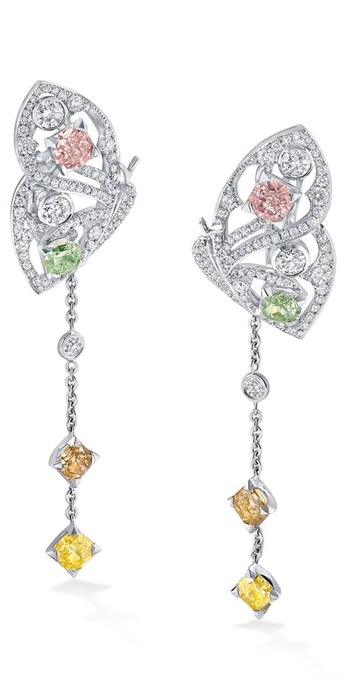 'Papillon' earrings with approx. 4ct fancy coloured diamonds and colourless diamonds in platinum