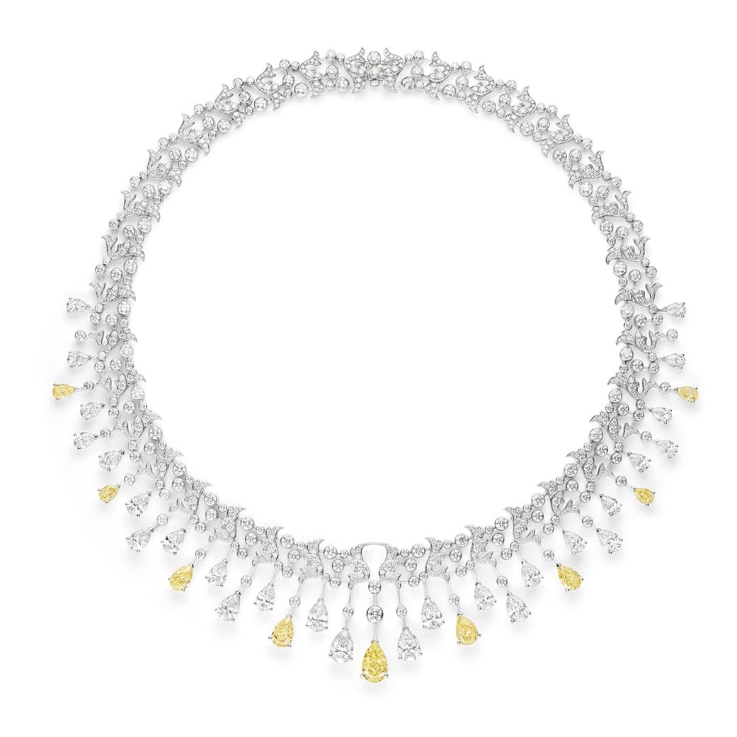 'Soir de Fête' necklace from the 'Josephine Chaumet au Firmament' collection with approximately 10ct pear cut yellow diamonds, 13ct pear-shaped EF VVS colourless diamonds and colourless brilliant cut diamonds in 18k white gold