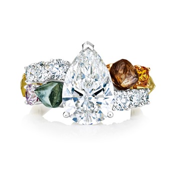 'Vulcan' ring with 3.53ct pear cut diamond and coloured diamonds in platinum