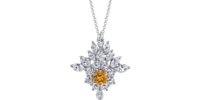 'The Vault' transformable pendant / brooch with 0.99ct fancy intense orange diamond and colourless diamonds in 18k yellow gold and platinum 