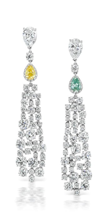 'Drop' statement earrings with 0.62ct blue-green pear cut diamond and 0.60ct pear cut fancy vivid IF yellow diamond, and a total of 10.07ct colourless diamonds in 18k white gold