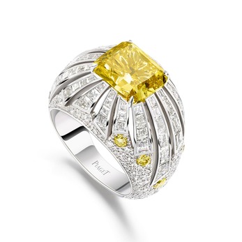 'Sun Vibrations' ring with 4.27ct flawless fancy vivid yellow diamond and colourless diamonds in 18k white gold