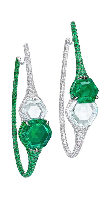 'Kissing Gems' hoop earrings with emeralds and diamonds in 18k white gold