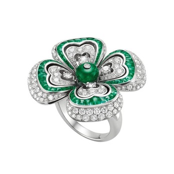 High Jewellery collection ring with 1.20ct emerald bead, 2.18ct buff top emeralds and 2.74ct diamonds in 18k white gold