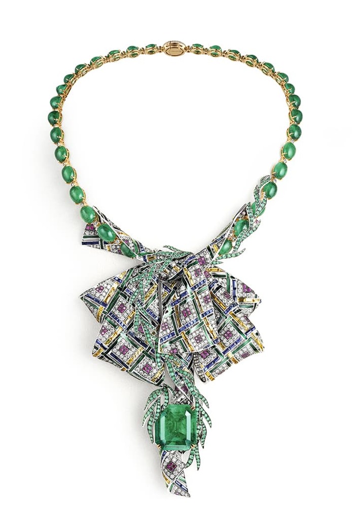 ‘Pastorale Anglaise’ necklace with emerald cut Colombian Muzo emerald, Zambian emeralds, rubies, sapphires, yellow sapphires and diamonds in lacquer, 18k white and yellow gold 