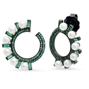‘Swirl’ earrings with 1.46ct emerald and pearls in 18k blackened gold
