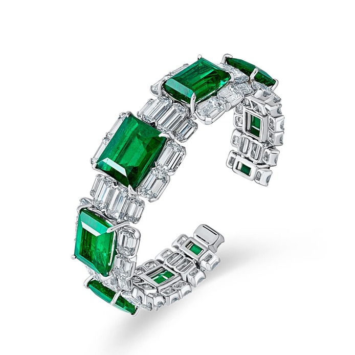 Bangle with 42.34ct emerald cut Colombian emeralds and diamonds set in 18k white gold