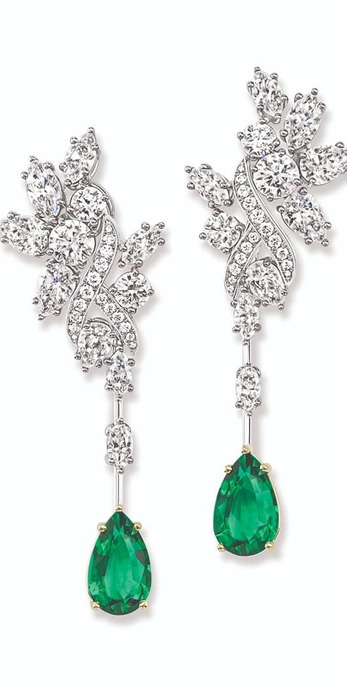 'Secret Cluster' drop earrings with pear cut emeralds and marquise, pear and brilliant cut diamonds in 18k white gold