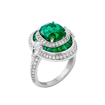 Ring with 3.08ct cushion cut emerald, emeralds and diamonds in 18k white gold