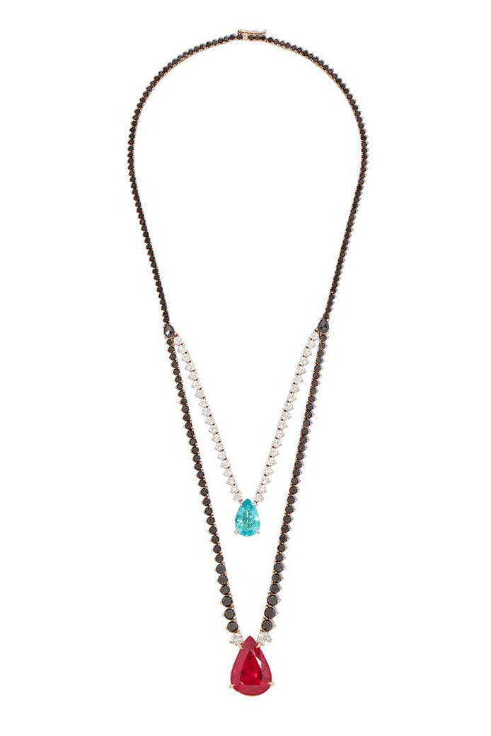 Pendant necklace with rubellite, Paraiba tourmaline, black and colourless diamonds in 18k white gold