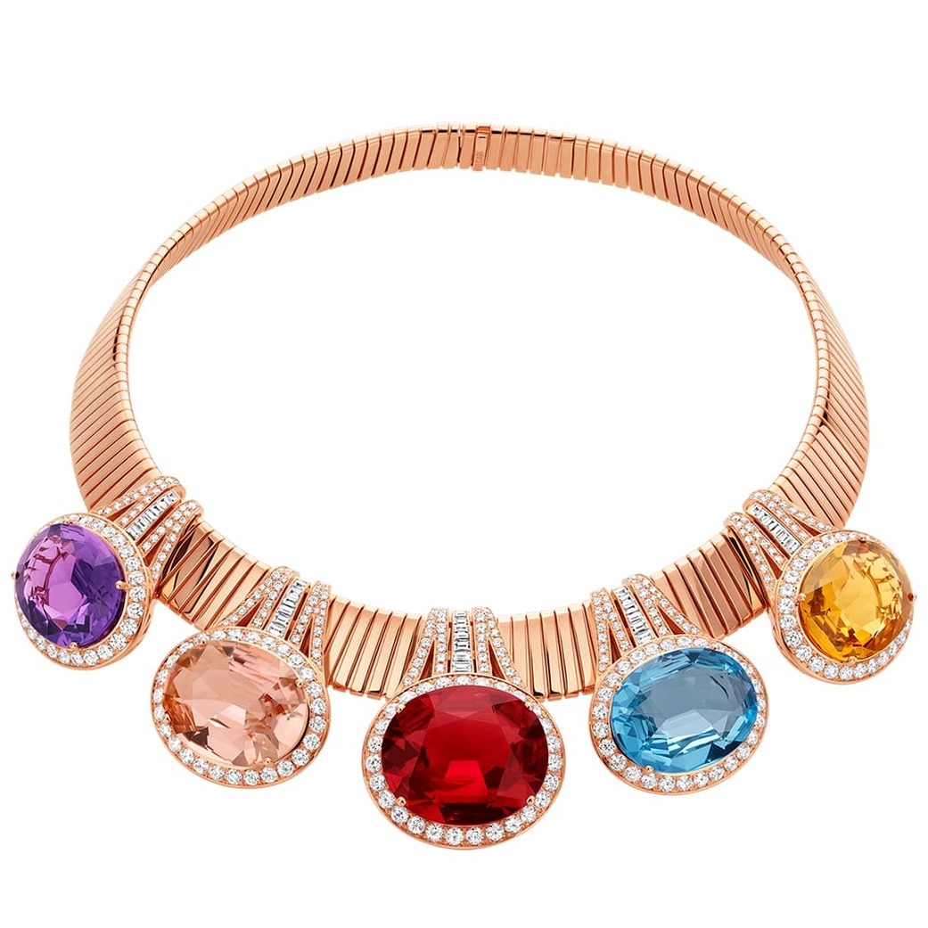'Future' necklace from the 'Wild Pop' collection with 36.41ct rubellite, citrine, topaz, pink tourmaline, amethyst and diamonds in 18k yellow gold