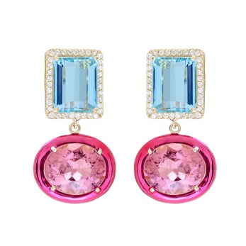 'Class' earrings with emerald cut topaz, rubellite and diamonds in 18k white gold