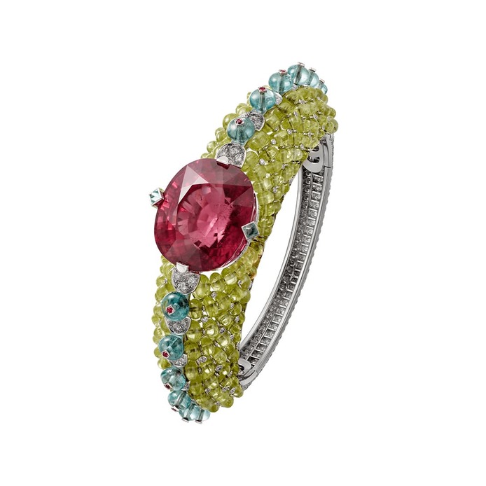 'Holika' bracelet from the ‘Coloratura’ collection with 30ct cushion cut rubellite, tourmaline, chrysoberyl and diamonds in 18k white gold