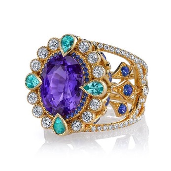 'Empress' ring with colour change sapphire, Paraiba tourmaline, sapphire and diamond in 18k yellow gold