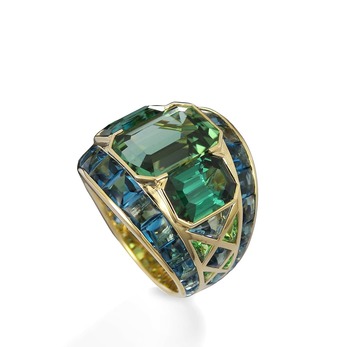 'Ezia' ring with tourmaline and blue topaz in 18k yellow gold
