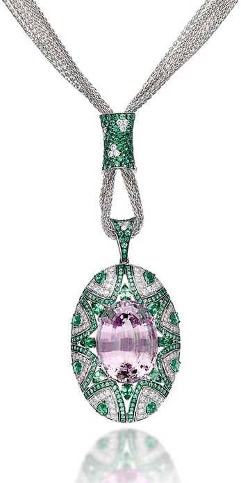 Necklace with 53.41ct kunzite, tsavorites and diamonds in 18k white gold