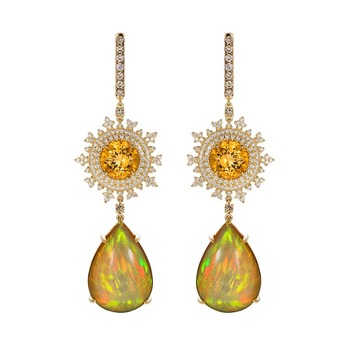 'Tsarina' earrings with beryl, fire opal and diamonds in 18k yellow gold