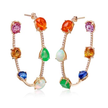 Hoop earrings with multi-stone gems and diamond in 18k yellow gold 