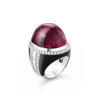  ‘Cabochon Parfum’ ring with rubellite cabochon, diamond and onyx in 18k white gold